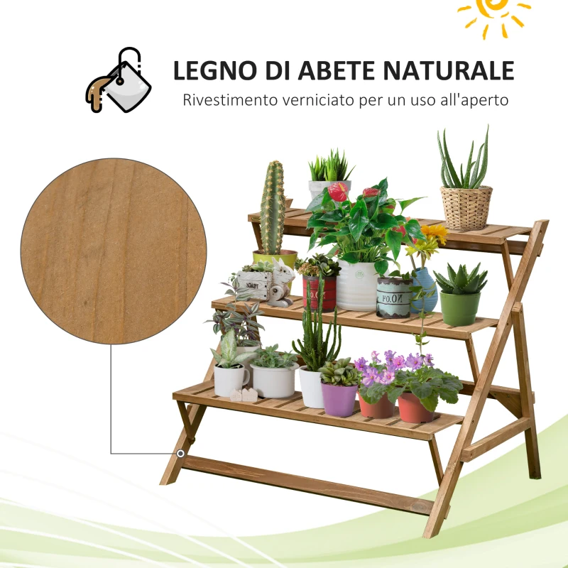 Outsunny Portapiante a 3 Livelli da Interno ed Esterno a Doghe con Scaletta, in Legno di Abete, 101x83x88 cm, Marrone