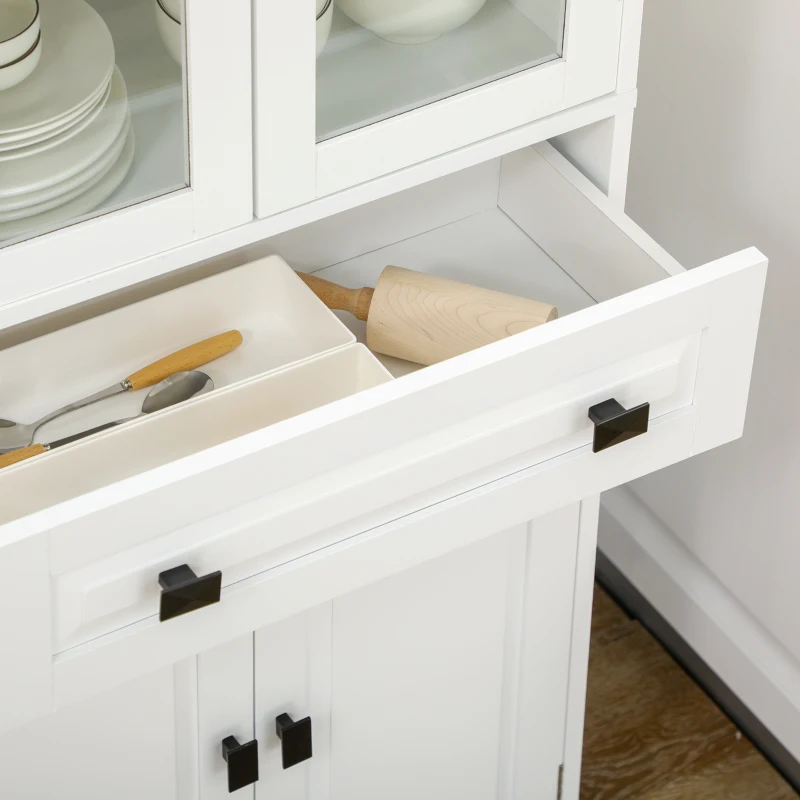 HOMCOM Alacena de Cocina con 2 Puertas de Vidrio 2 Estantes Ajustables y Cajón para Salón Comedor 60x30x160 cm Blanco