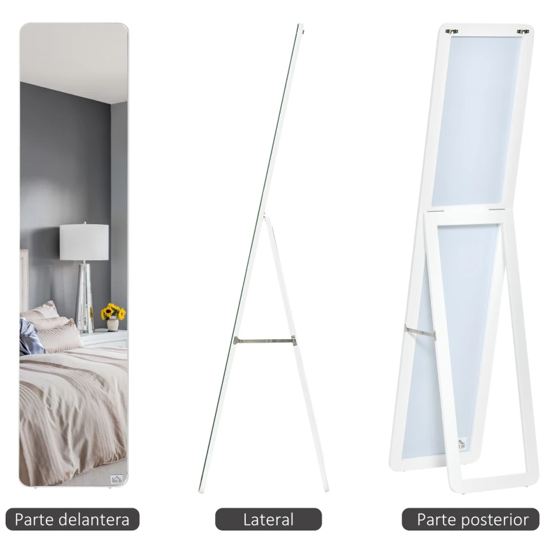 HOMCOM Espejo de Cuerpo Entero Espejo Rectangular de Pie y de Pared con Marco de Madera de Pino Moderno 37x43x156 cm Blanco