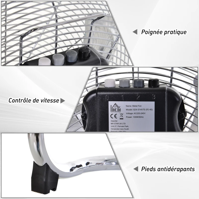 HOMCOM Ventilateur de bureau puissant 100 W avec 3 vitesses et inclinaison réglable à 120° pour chambre bureau à domicile gris