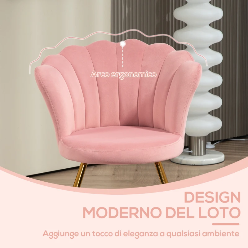 HOMCOM Sedia Moderna Ergonomica con Schienale a Petalo Vellutato Rosa e Gambe Incrociate Oro, 69x64x80 cm