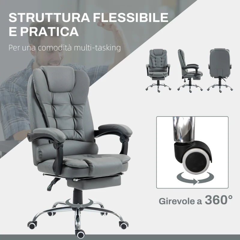 HOMCOM Sedia da Ufficio Ergonomica Reclinabile a 145° con Poggiapiedi Estraibile in Finta Pelle, Grigio