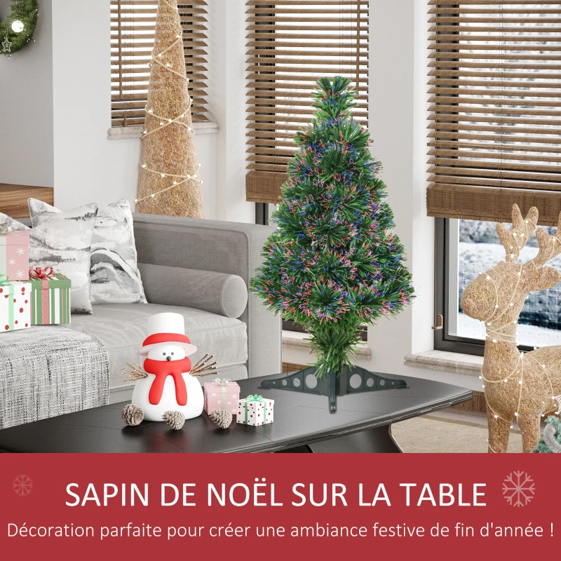HOMCOM Sapin de Noël Artificiel Lumineux 60H cm Fibre Optique Multicolore + Support Pied 55 Branches Vert