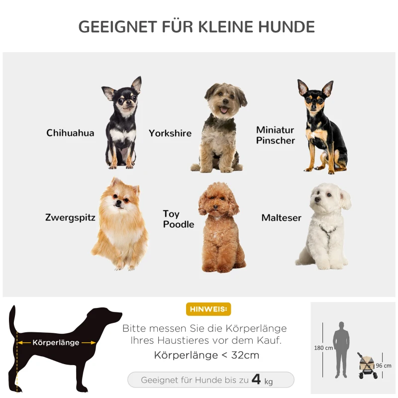 PawHut Hundewagen Hundebuggy, klappbar, 2 Sicherheitsleinen, 2 Becherhalter, 67 x 45 x 96 cm, Khaki(m-8)