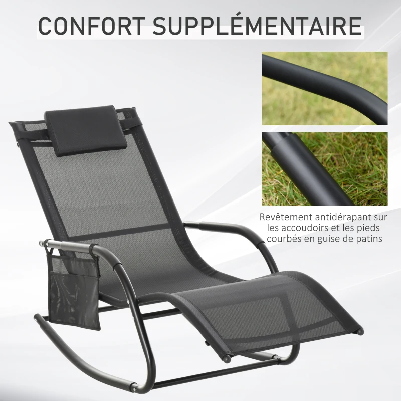 Outsunny Chaise Longue à Bascule - Rocking Chair - tétière Amovible, accoudoirs, Pochette Rangement - métal époxy textilène