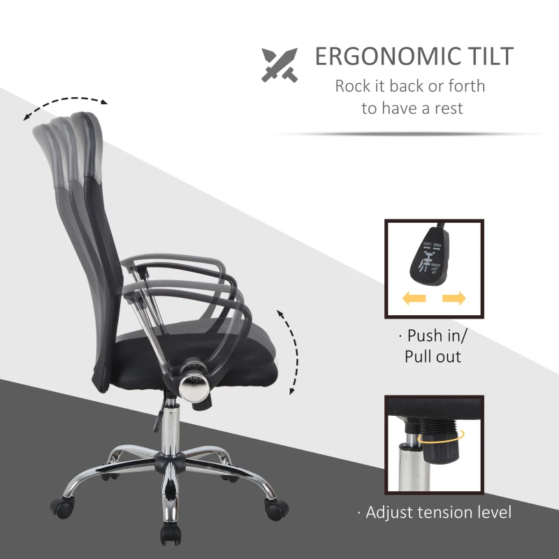 HOMCOM Swivel Office Chair Mesh Fabric Executive Chair Seat Home Desk Chairs Armchair with Wheel, Black