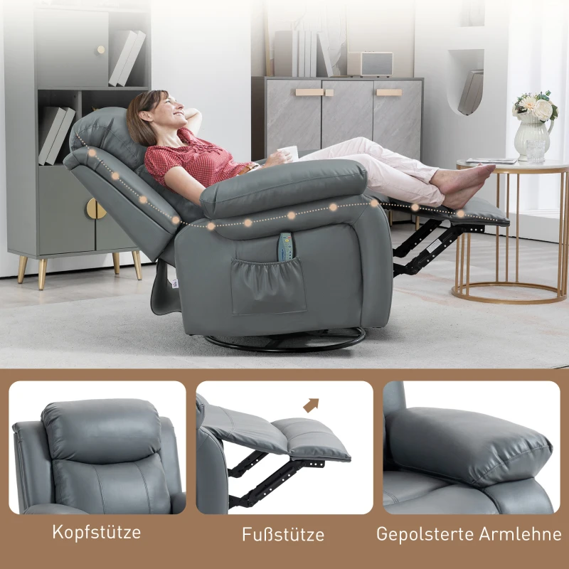HOMCOM Massagesessel, Wipp- & Liegefunktion, drehbar, bis 150 kg, Kunstleder, Grau(m-8)