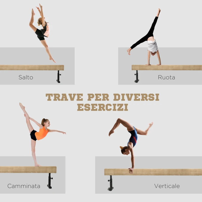 HOMCOM Trave Ginnastica Artistica con Altezza Regolabile e Piedini Antiscivolo, 226x31x59cm, Marrone