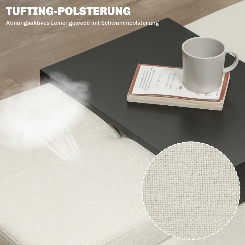 HOMCOM Hocker mit Stauraum, Tablett, Eukalyptusholzrahmen, bis 120 kg, 107 x 50 x 44 cm, Cremeweiß/Schwarz