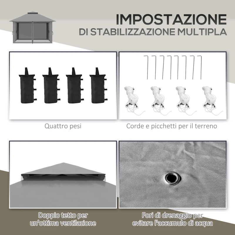 Outsunny Gazebo Pieghevole 4x4 con Borsa da Trasporto, Picchetti, Funi e Sacchi di Sabbia Inclusi, 392x392x283 cm, Grigio