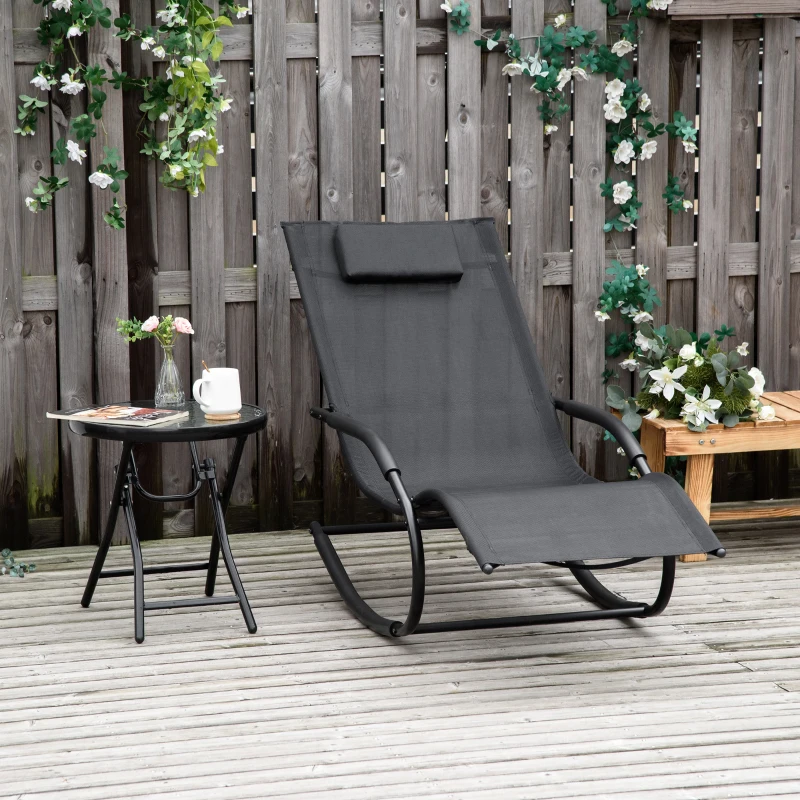Outsunny Chaise longue à bascule rocking chair ergonomique avec tétière accoudoirs métal galvanisé textilène dim. 63l x 160P x 88H cm noir