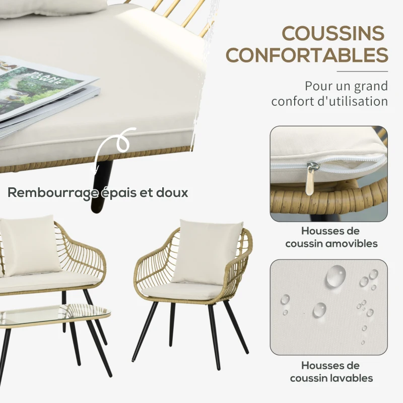Outsunny Ensemble salon de jardin 4 pièces canapé 2 places + 2 fauteuils + 1 table basse plateau verre trempé 7 coussins - acier et résine imitation rotin - beige