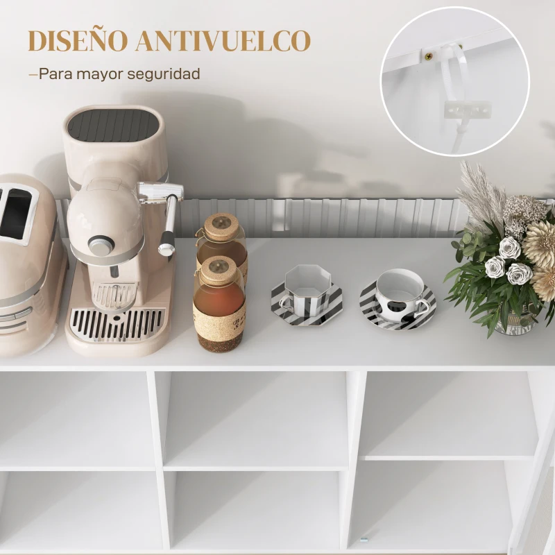 HOMCOM Aparador de Cocina Aparador Blanco con Puerta de Malla 4 Compartimentos Abiertos y Estante Ajustable 120x37x81,5 cm