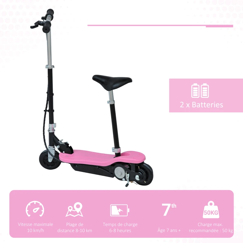 HOMCOM Trottinette électrique 120 W pliable pour enfants à partir de 7 ans hauteur de guidon et selle réglable 10 Km/h max. rose noir