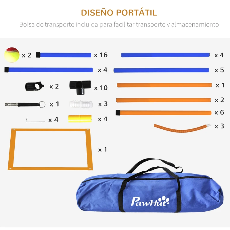 PawHut Juego de Agilidad para Perros de 4 Piezas con Piquetes para Slalom Zona de Reposo Valla y Anillo de Salto Naranja y Azul