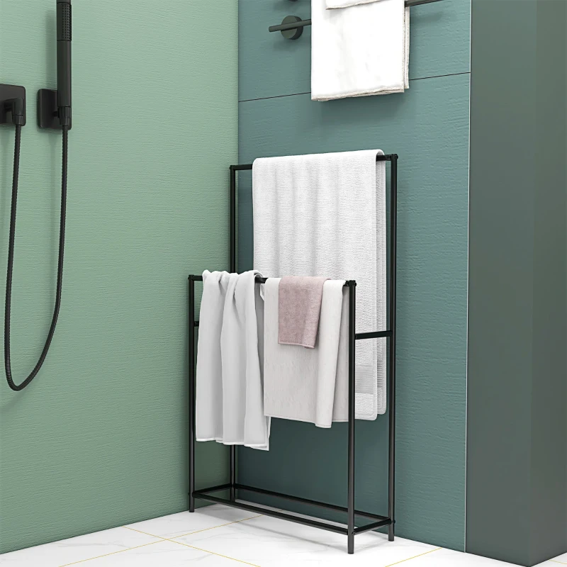 HOMCOM Toallero de Pie con 2 Barras y Marco Metálico Toallero de Baño Moderno 66x20x110 cm Negro
