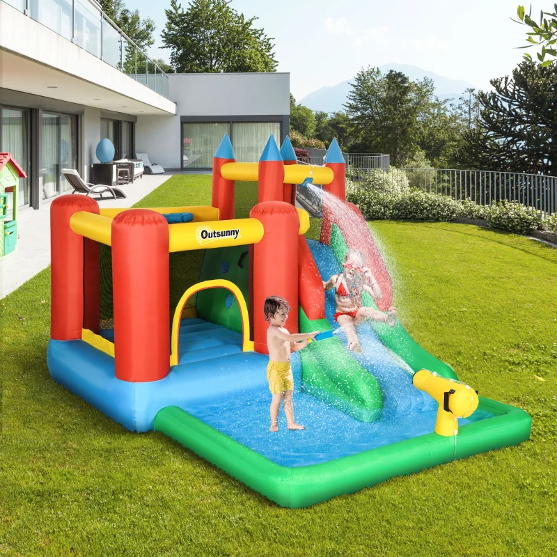 Outsunny Kids Inflatable Bouncy Castle Water Slide 6 in 1 Bounce House Jumping Castle Water Pool Gun Climbing Wall Basketball Hoop with Air Blower for Summer Playland