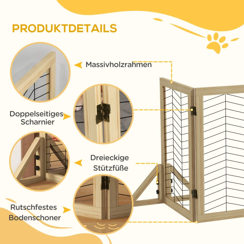 PawHut Hundegitter Treppengitter Absperrgitter, faltbar, Kiefernholz, 375 cm x 44 cm x 70 cm, Natur
