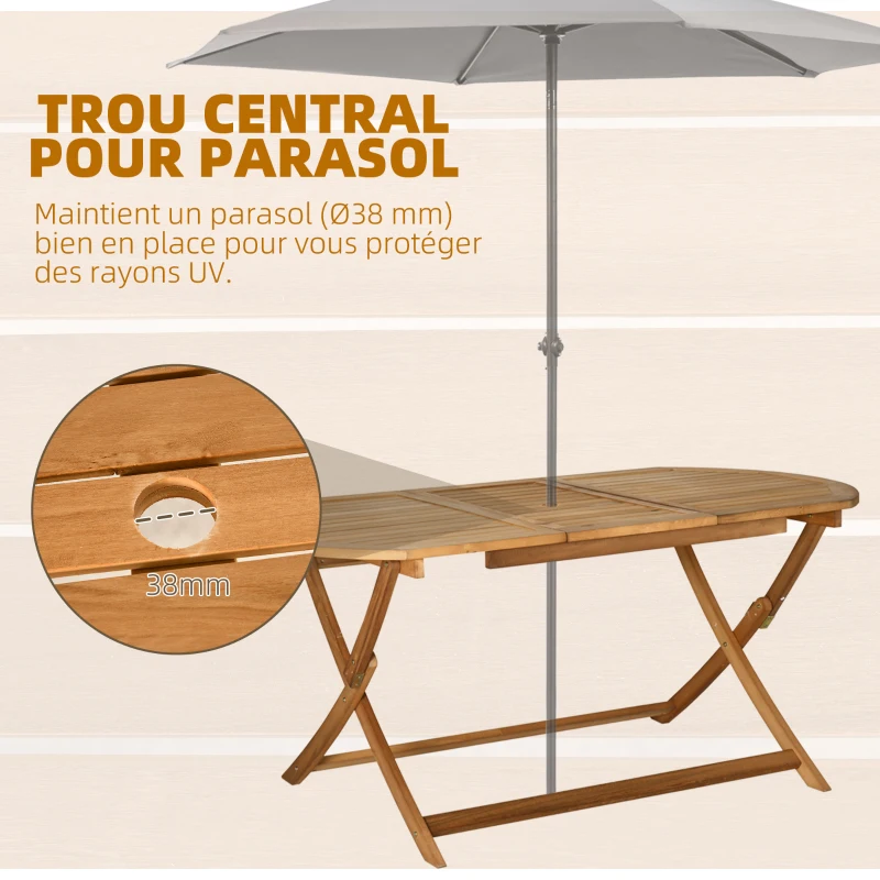 Outsunny Ensemble salon de jardn avec  table à manger ovale et 6 chaises pliables 7 pièces ensemble de meubles extérieur en bois de peuplier pour 6 personnes trou pour parasol