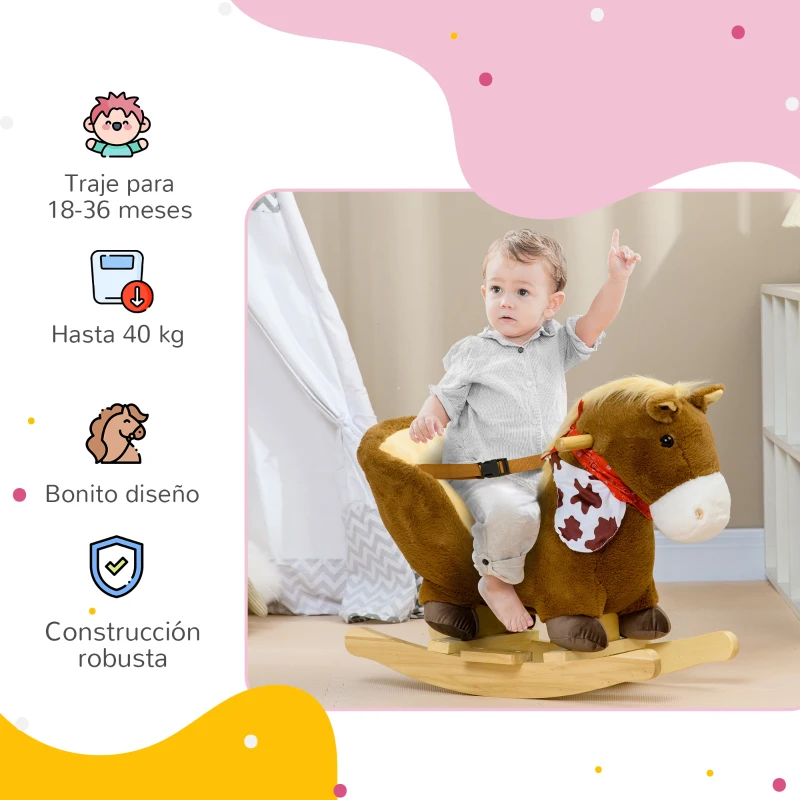 HOMCOM Caballo Balancín Infantil con Sonidos de Animal Cinturón de Seguridad Manillar y Reposapiés Carga 40 kg 60x33x50 cm Café