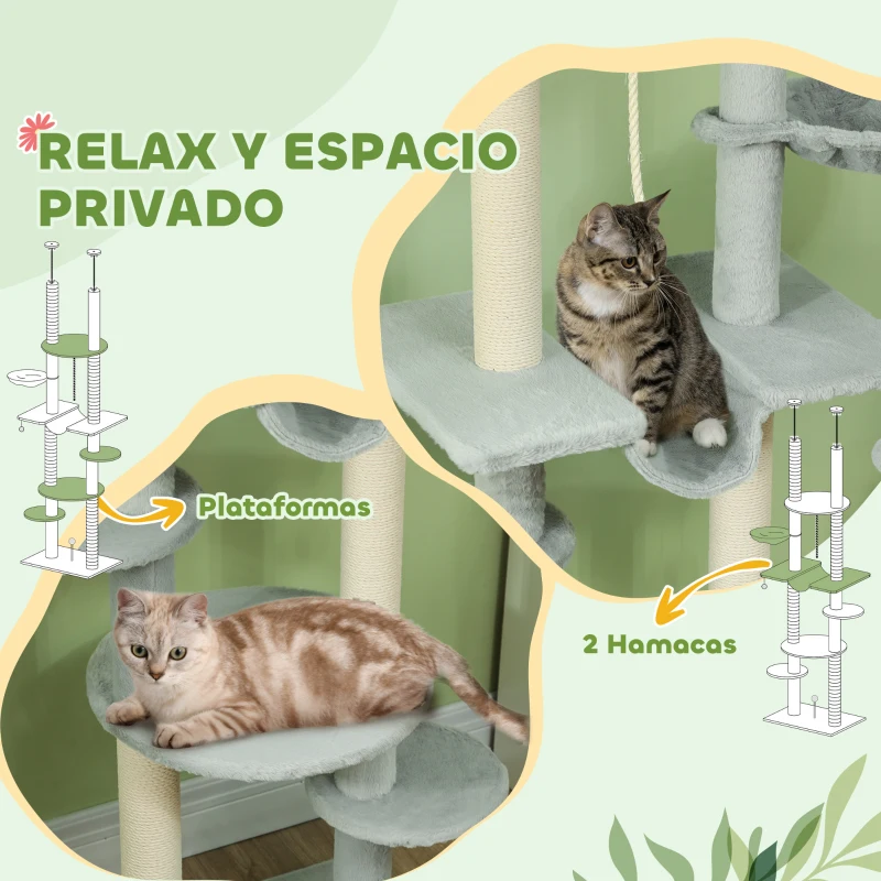 PawHut Árbol para Gatos de Suelo a Techo 225-255 cm con Hamacas Plataformas Juguete de Cuerda Bola de Juguete Gris