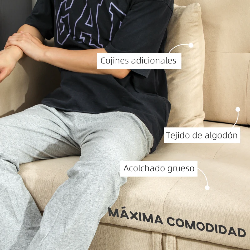 HOMCOM Sofá Cama de 2 Plazas Tapizado en Algodón con 2 Cojines Desmontables y Base de Almacenaje 152x101x81 cm Beige