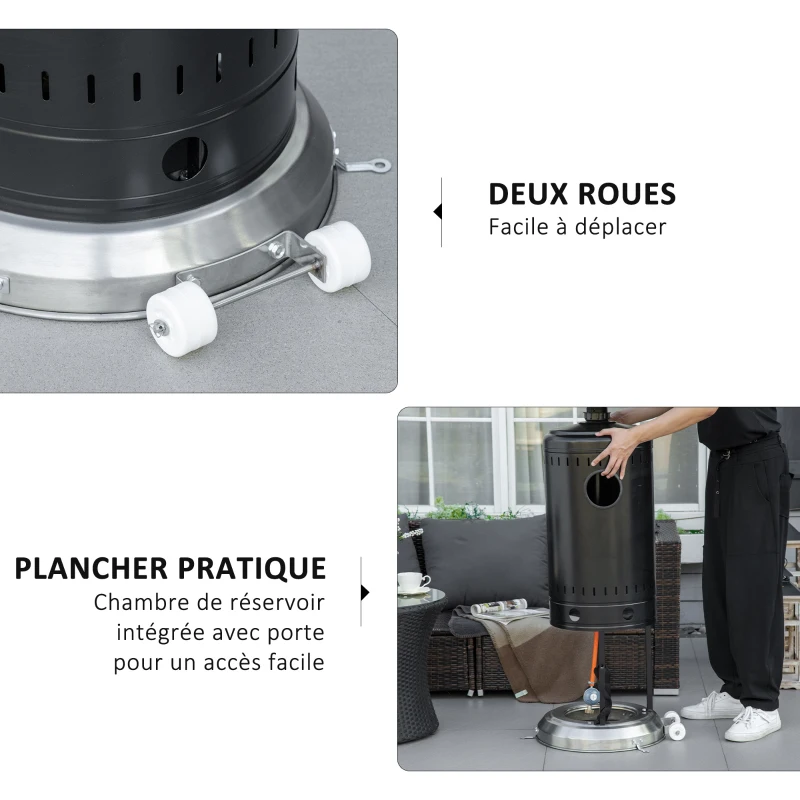 Outsunny Chauffage de terrasse à gaz 13 Kw 30 m² et IP44 chauffage radiant avec roues de transport étagère et protection contre le renversement détendeur et tuyau de gaz fournis alu et acier noir