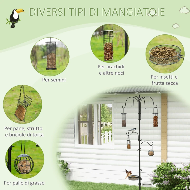 PawHut Mangiatoia per Uccelli con 6 Ganci e 4 Contenitori per Mangime in Acciaio, 58x58x226cm