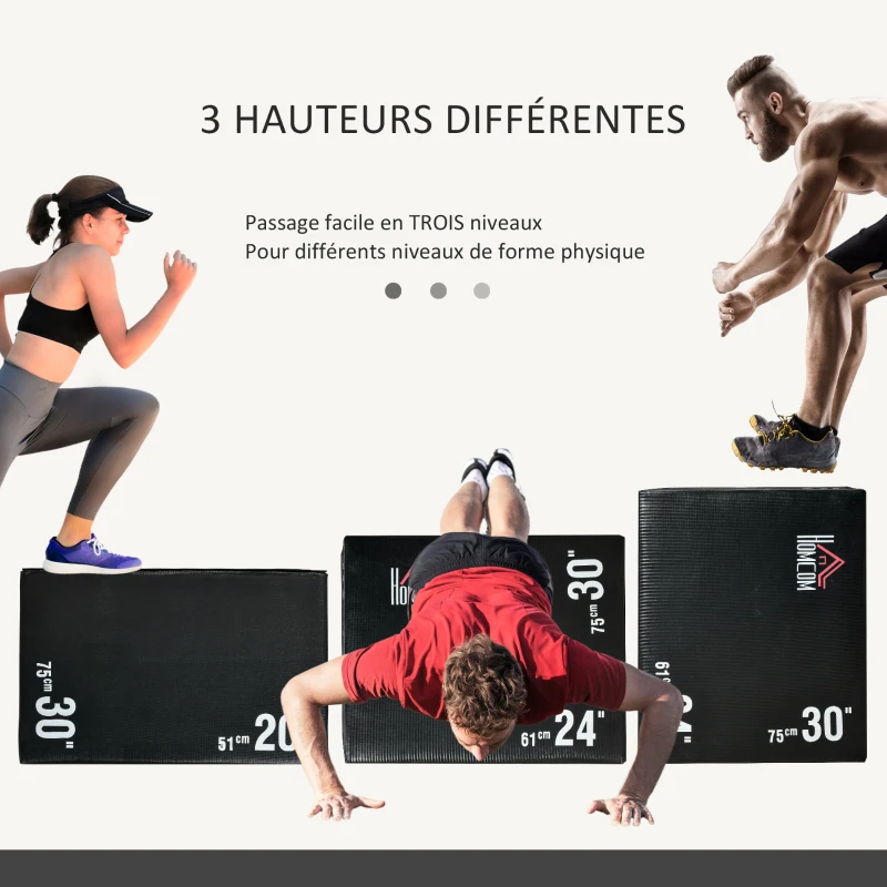 HOMCOM Box jump pliometrie 3 en 1 appareil musculation fitness plyobox pour box training 51/61/75 cm PE noir