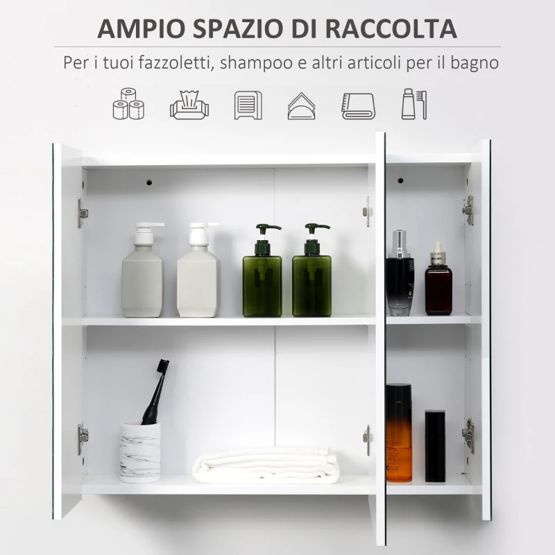 kleankin Armadietto Bagno con 3 Ante Specchiate e Ripiani Regolabili, 70x15x60cm, Bianco