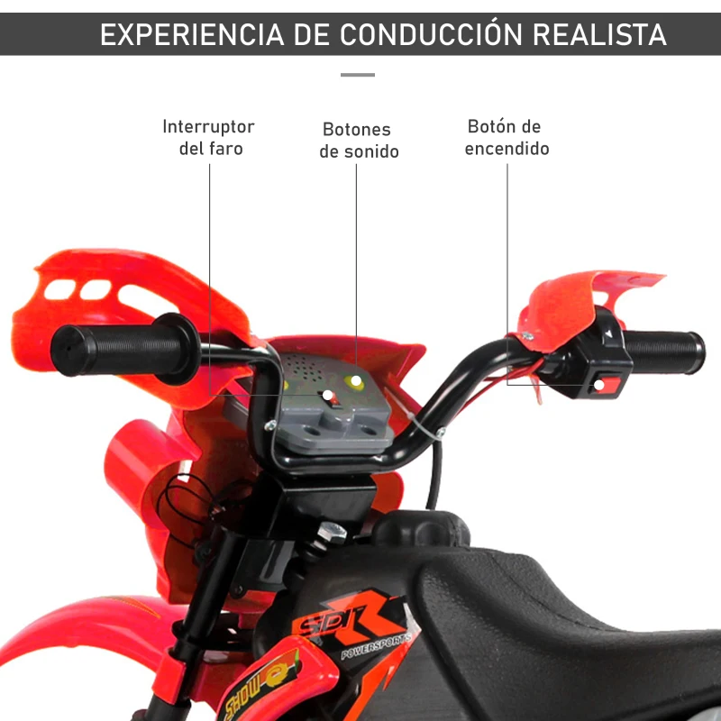 HOMCOM Moto Electrica Infantil Bateria 6V Recargable Niños 3+ Años Cargador y Ruedas Apoyo 102x53x66 cm Color Rojo