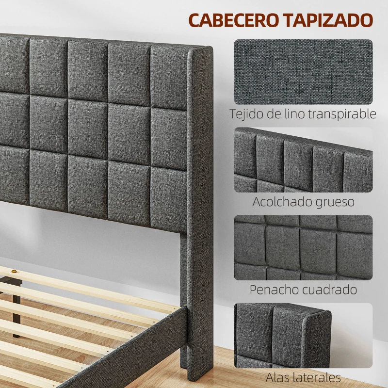 HOMCOM Estructura de Cama 135x190 cm con Cabecera y Espacio de Almacenamiento Debajo de la Cama Carga 300 kg Gris