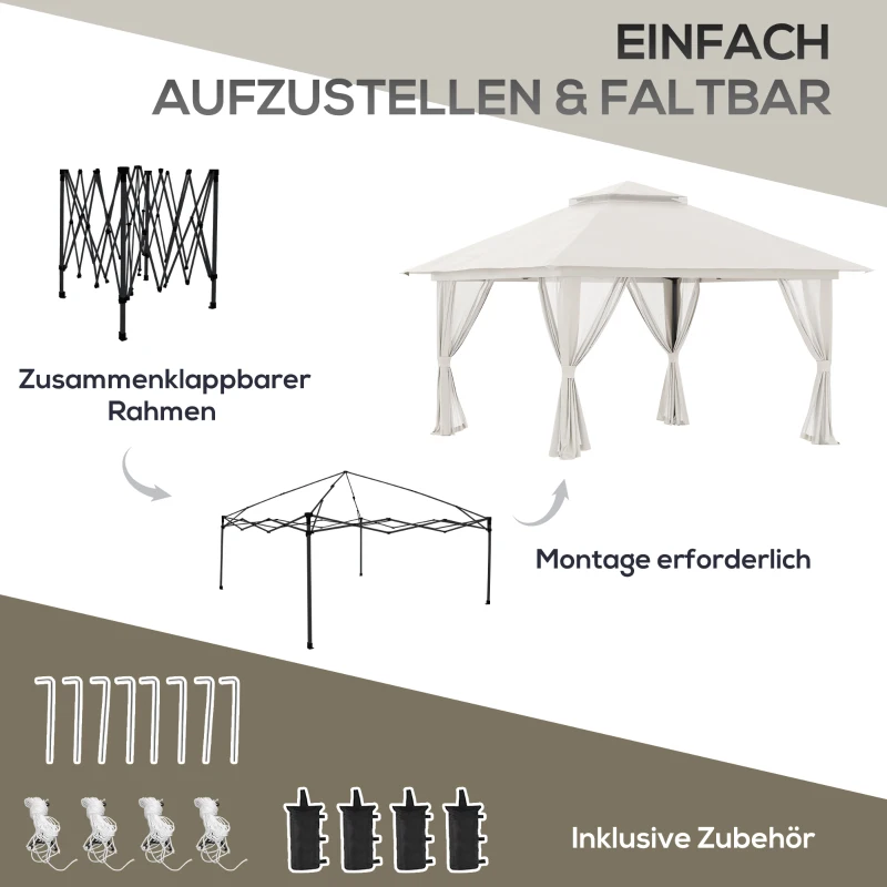 Outsunny Faltpavillon, höhenverstellbar, 4 Netzwände, Lüftungsdach, Tragetasche, Schnellaufbau, 4 x 4 x 3 m, Cremeweiß
