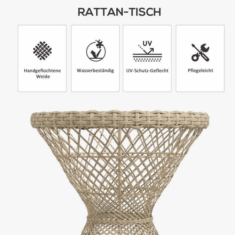 Outsunny Couchtisch Beistelltisch Boho-Design, Glasplatte, PE-Rattan, 45 cm x 45 cm x 52 cm, Natur