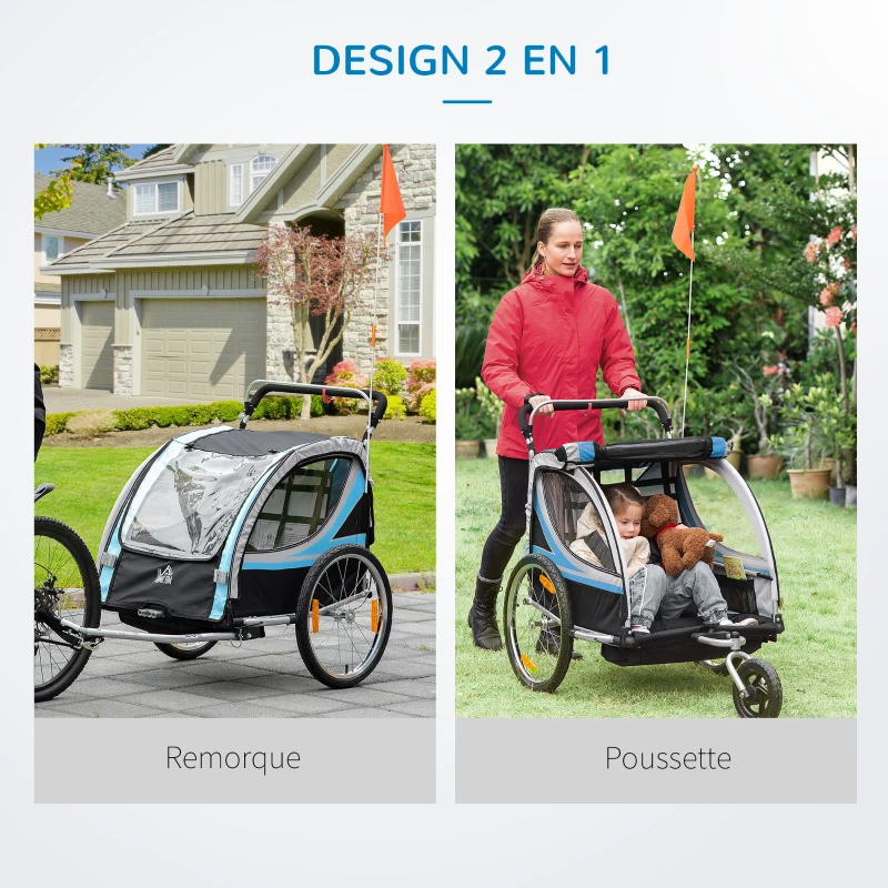 HOMCOM Remorque vélo pour enfant 2 en 1 convertible jogger poussette capacité 26,4 kg avec réflecteurs et drapeau - 2 places  - bleu