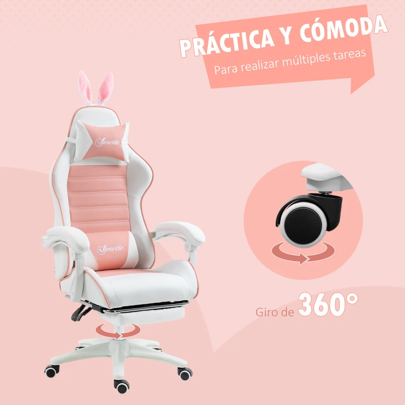 Vinsetto Silla Gaming Profesional de Cuero PU con Altura Ajustable Inclinable 135° Reposacabezas 65x63x136-142 cm Rosa y Blanco