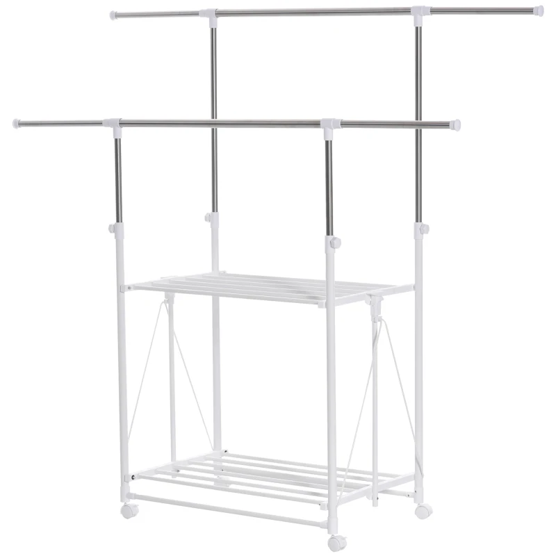 HOMCOM Perchero Plegable para Ropa con Ruedas Barras para Colgar Extensibles Altura Ajustable y 2 Estantes Tendedero de Ropa Tipo Torre 88-157x50x95-160 cm Blanco