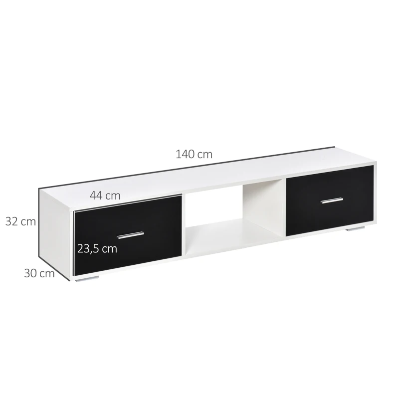 HOMCOM Mueble de TV para Televisores de hasta 60" Mesa para TV de Salón Estilo Moderno con 2 Cajones y Compartimento Abierto 140x30x32 cm Blanco y Negro