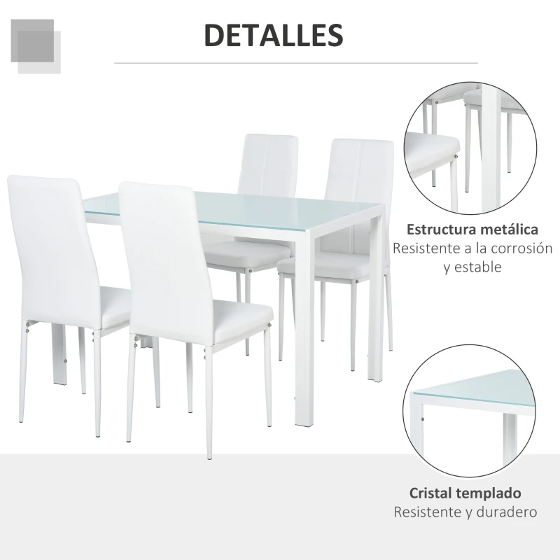 HOMCOM Conjunto de Comedor de Mesa y 4 Sillas 5 Piezas Mesa Rectangular de Vidrio Templado y Sillas Tapizadas en PU Blanco