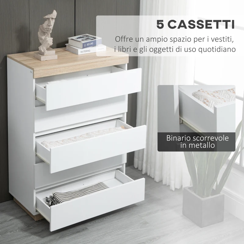 HOMCOM Cassettiera 5 Cassetti Minimal in Legno, 80x40x109 cm, Bianco e color Rovere