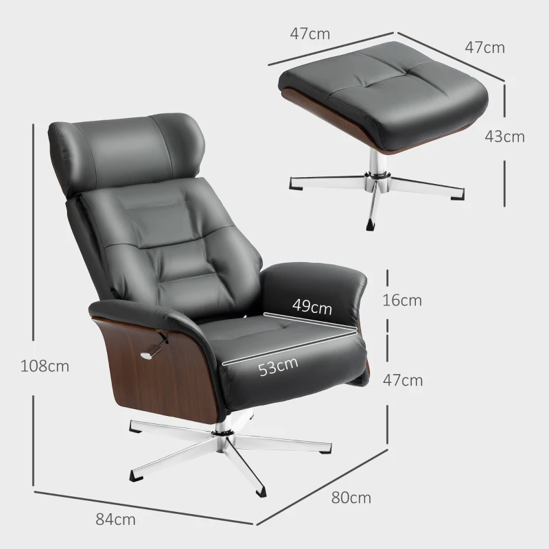 HOMCOM Relaxsessel mit Hocker, Liegefunktion, drehbar, Lederoptik, bis 150 kg, Dunkelgrau