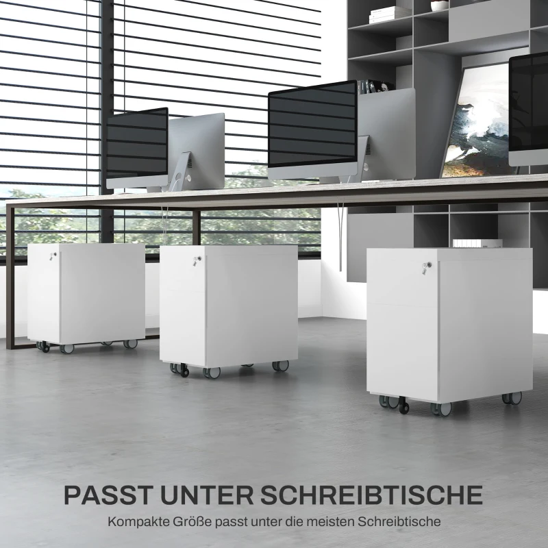 HOMCOM Aktencontainer mit Doppelschloss, Hängeregister, pulverbeschichteter Stahl, 30x50x53,5 cm, Weiß