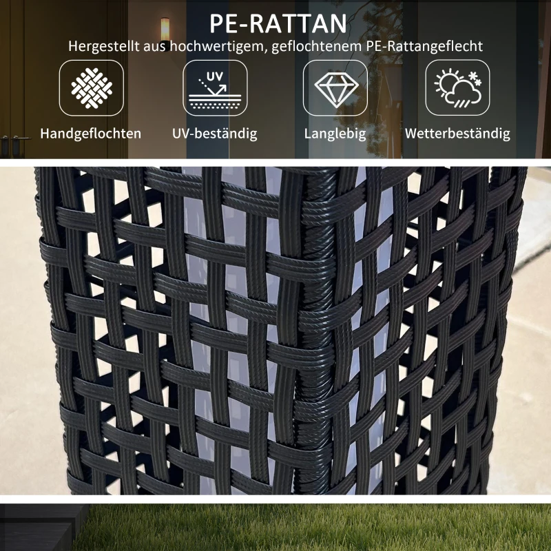 Outsunny Außenleuchte mit Solarmodul, Einschaltautomatik, 8 h Betriebszeit, Rattanoptik, Stahl, 15,5 x 15,5 x 46 cm, Schwarz