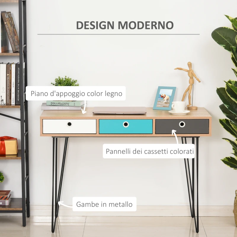 HOMCOM Scrivania Moderna con 3 Cassetti Multicolore in Legno e Metallo, Scrivania per Camera e Ufficio in Stile Nordico, 110x50x77.5cm