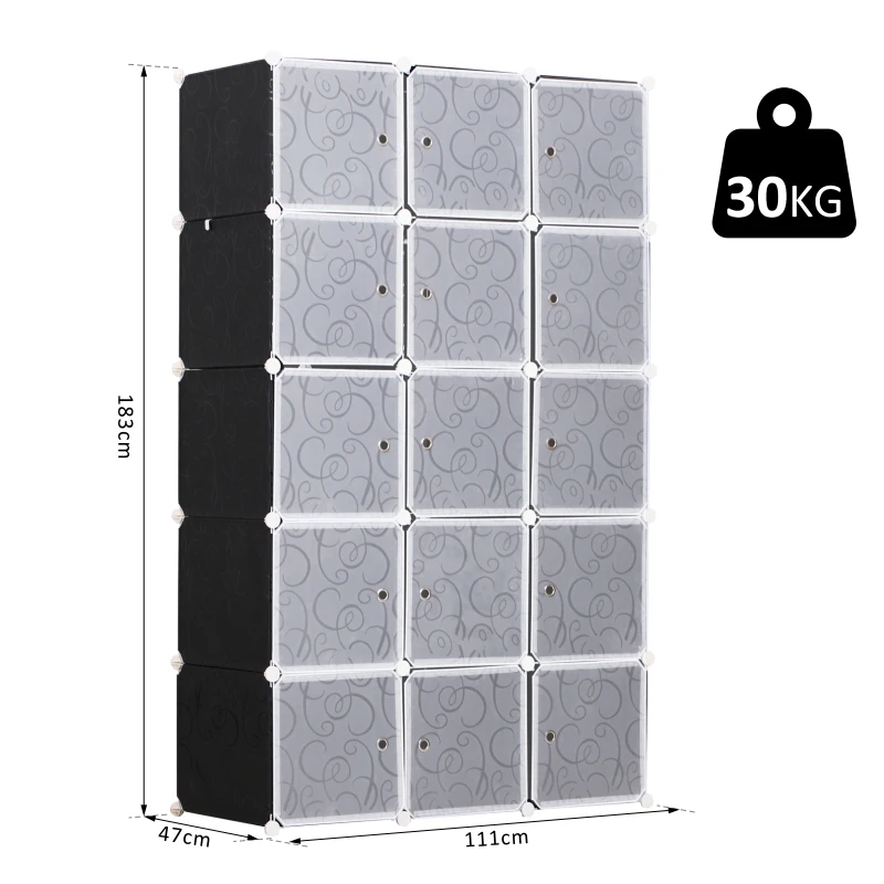HOMCOM Garde robe armoire à vêtements L 111 x l 47 x H 183 cm modulable 15 cubes noir et blanc