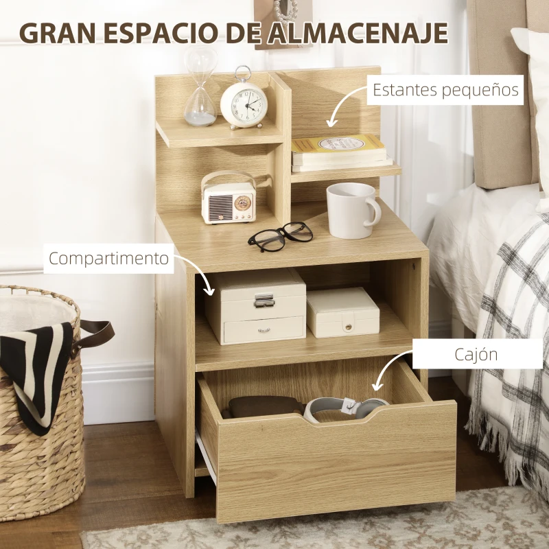 HOMCOM Mesita de Noche Mesilla de Noche Moderna con Cajón y Estantes de Almacenamiento para Salón Dormitorio 45x35x73cm Natural