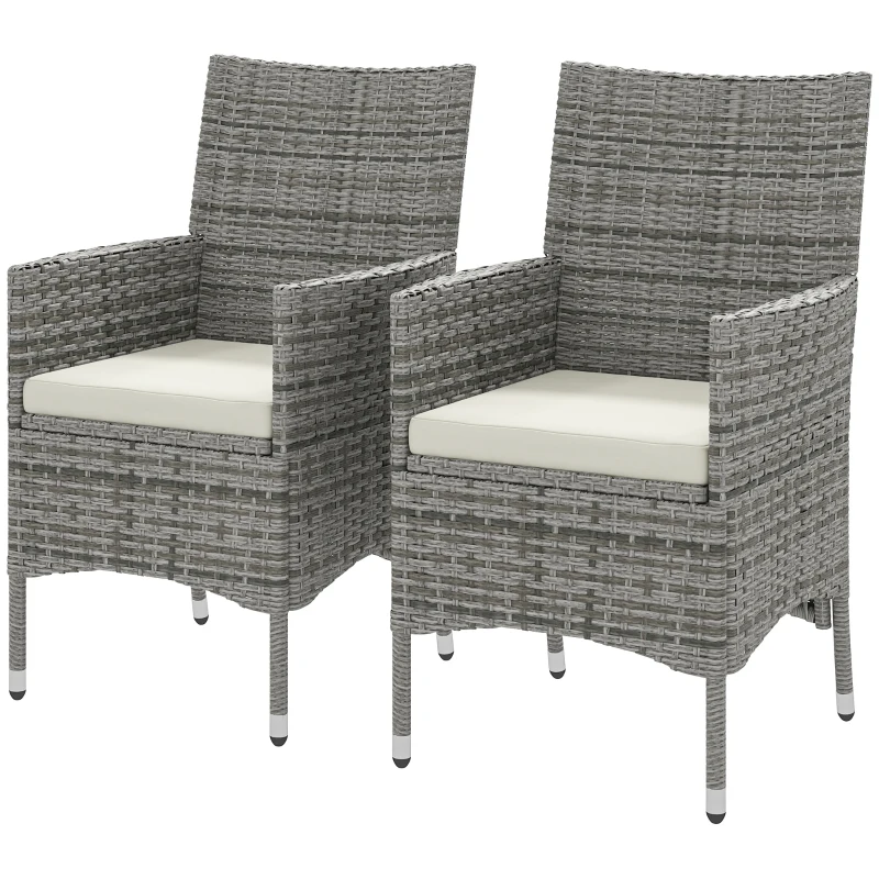 Outsunny 2 Pieces Rattan Garden Chairs Dining Chair Set with Cushion, Mixed Grey