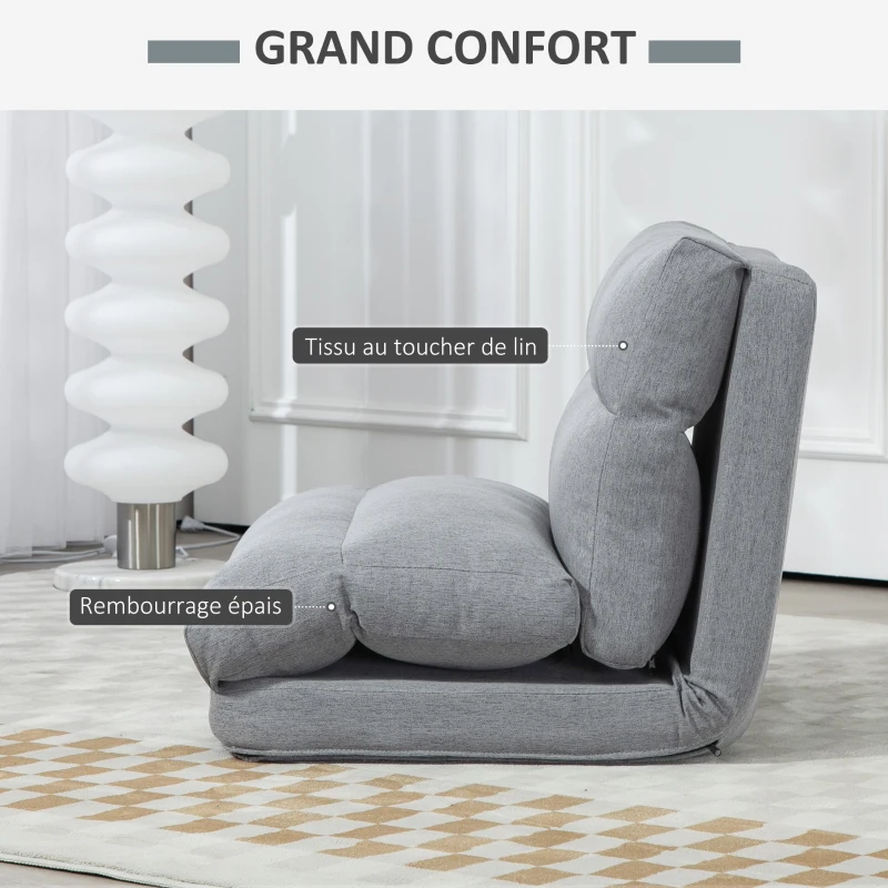 HOMCOM Fauteuil de sol canapé paresseux fauteuil convertible en lit inclinable 90° à 180° tissu - 70l x 72P x 56H cm - gris