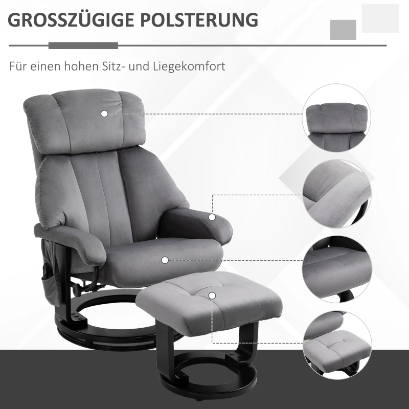 HOMCOM Massagesessel Fernsehsessel Relaxsessel mit Liegefunktion Sessel mit Hocker Massagefunktion samtartiges Polyester Grau 76 x 80 x 102 cm