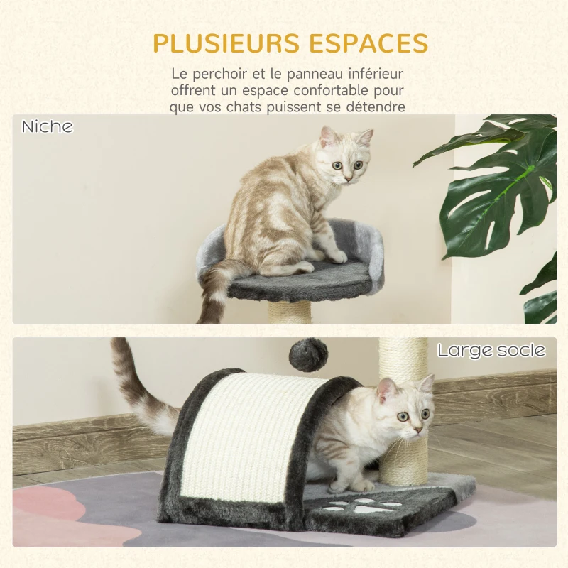 PawHut Arbre à chat griffoir grattoir design jeu boule suspendue + plateforme peluche sisal naturel gris foncé